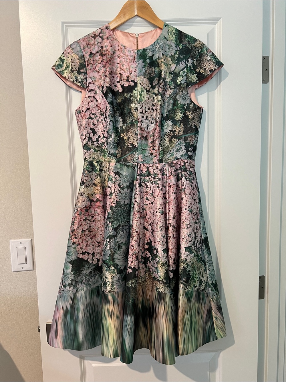 Ted Baker London DIXEE Glitch Floral Fit-and-Flare Midi Dress in Pink and Green